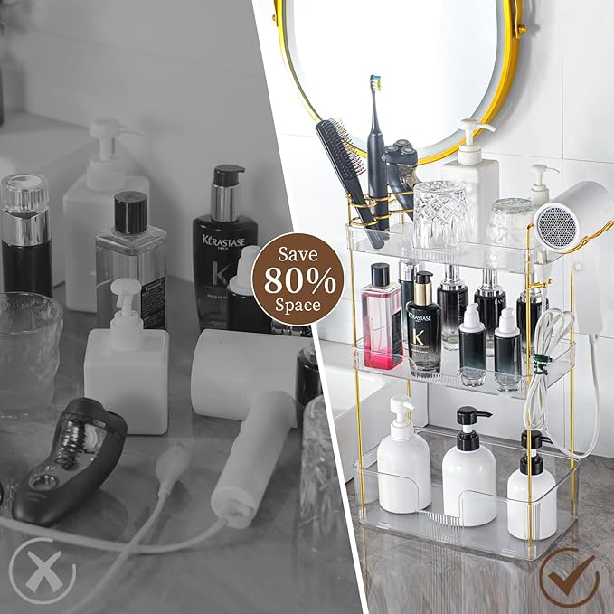 YCIA&DONE Luxury Bathroom Counter Organizer, Large Makeup Organizer Countertop, Shelf Organizer, Vanity Tray, Easily Assemble for Bathroom Organizers and Storage, Undersink, Cabinet, 3 Tiers Clear