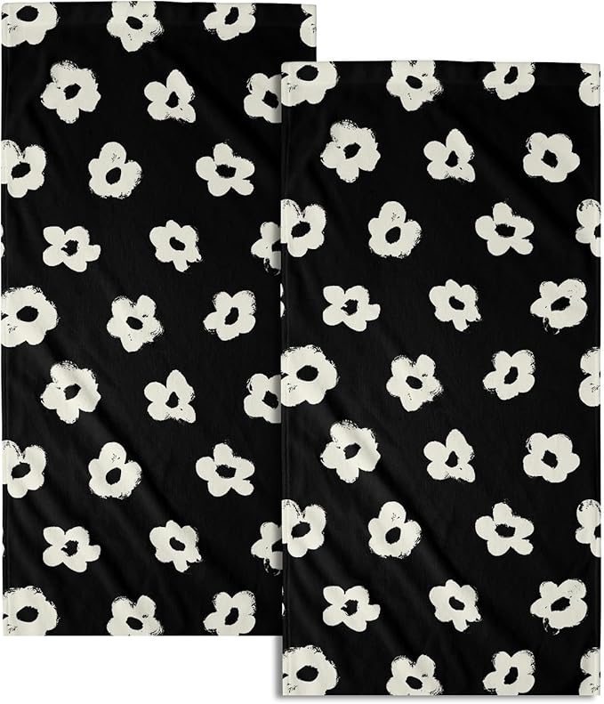 Modern Style Kitchen Towels Set of 2 Black Floral Dish Towels Quick Dry Microfiber