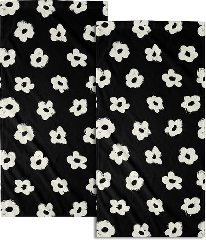 Modern Style Kitchen Towels Set of 2 Black Floral Dish Towels Quick Dry Microfiber