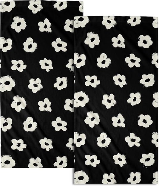 Modern Style Kitchen Towels Set of 2 Black Floral Dish Towels Quick Dry Microfiber
