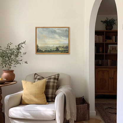 KBKBART Framed Framed Vintage Landscape Wall Art Prints, Retro Green Forest Valley Nature Wilderness Illustrations Canvas Painting, Farmhouse Decor Wall Art Ready To Hang for Bedroom, Living Room,