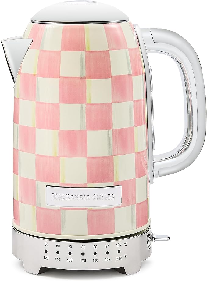 MACKENZIE-CHILDS Electric Kettle, Stainless-Steel Appliances Kettle, Pink-and-White Rosy Check