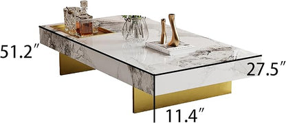 Modern Coffee Table for Living Room, 51.2" L arge Rectangle Living Room Table Sintered Stone Tabletop with Gold Stainless Steel Legs, Center Table for Home Office