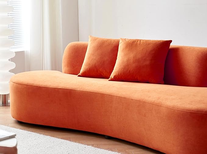 90" Curved Sofa with Throw Pillows, 4 Seater Luxury Velvet Couch with Half Moon Design and High-Density Foam, Ideal for Modern Living Room, Office & Apartment, Red Orange