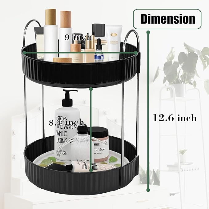 Rotating Makeup Organizer Countertop 2 Tier Lazy Susan Spinning Skincare Perfume Storage for Bathroom Counter Vanity, Black