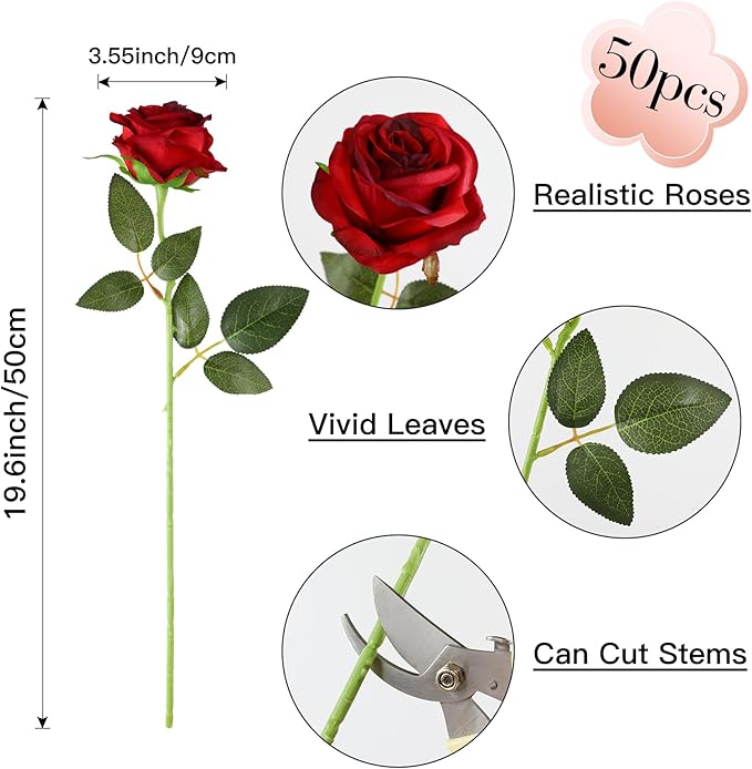 Nubry 50pcs Artificial Silk Roses Bulk,Fake Roses Flower with Stems Realistic Flowers for Wedding Centerpiece Home Party Decor(Burgundy)