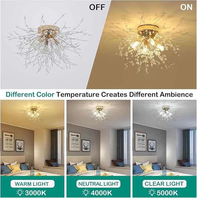 HMVPL Gold Crystal Flush Mount Ceiling Light, 4-Light Brass Mini Chandelier Light Fixture,Modern Sputnik Ceiling Light,Golden Light Fixture for Hallway Kitchen Foyer Nursery Closet Bedroom Dining Room