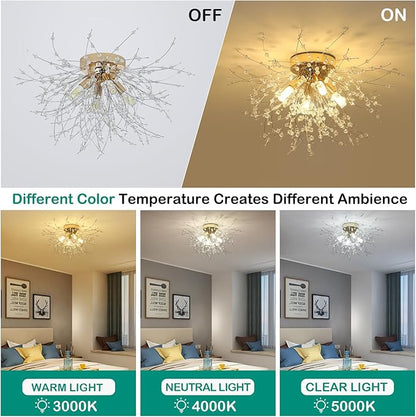 HMVPL Gold Crystal Flush Mount Ceiling Light, 4-Light Brass Mini Chandelier Light Fixture,Modern Sputnik Ceiling Light,Golden Light Fixture for Hallway Kitchen Foyer Nursery Closet Bedroom Dining Room