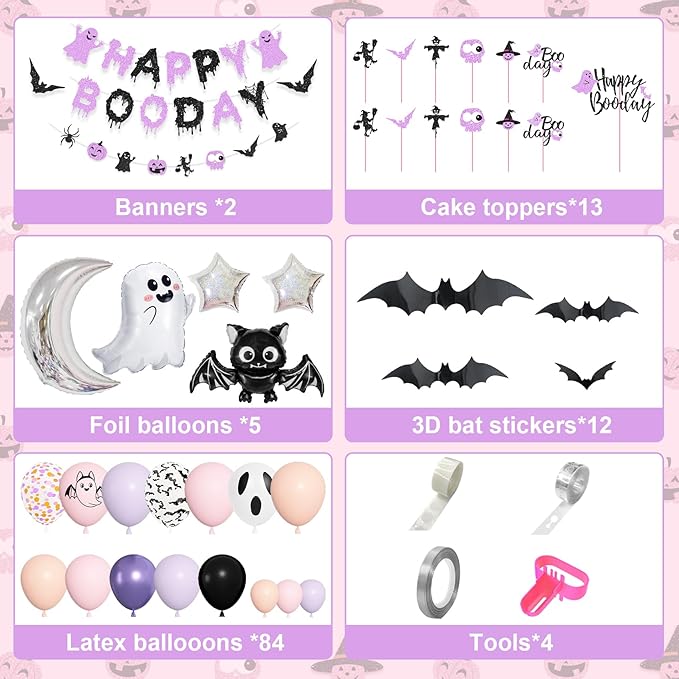 Amandir Pastel Pink Purple Halloween Birthday Party Decorations, Happy Boo Day Glitter Banner Halloween Balloon Arch Garland kit Foil Bat Ghost Balloons Cake Toppers for Kids Girl Spooky Baby Shower