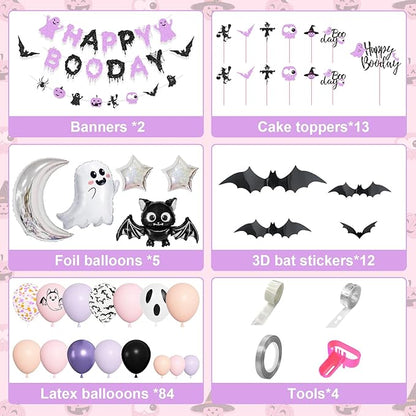 Amandir Pastel Pink Purple Halloween Birthday Party Decorations, Happy Boo Day Glitter Banner Halloween Balloon Arch Garland kit Foil Bat Ghost Balloons Cake Toppers for Kids Girl Spooky Baby Shower