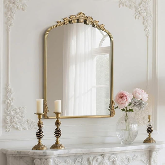 WallBeyond Gold Antique Mirror for Vanity 22x30 Inch, Gold Vintage Wall Mirror with Ornate Frame, Arched Vintage Wall for Bathroom, Living Room, Fireplace