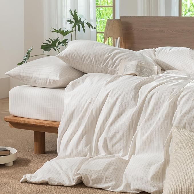 MooMee Striped Duvet Cover Set 100% Washed Cotton Linen Like Textured Breathable Durable Soft Comfy (White Almond Milk Grey Wide Stripes, Cal King 104"x98")