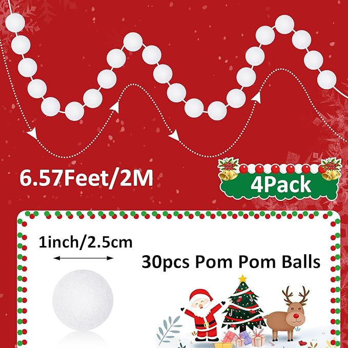 MARFOREVER 4 Pack 26.3 Ft Winter White Pom Pom Garland Ornaments, 30 Balls Christmas Felt Garland Hanging Supplies for Winter Wonderland Christmas School Classroom Fireplace Wall Home Party Decoration