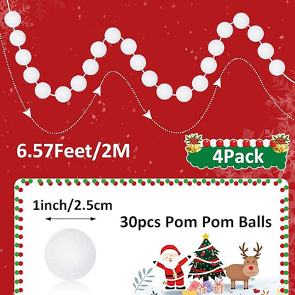 MARFOREVER 4 Pack 26.3 Ft Winter White Pom Pom Garland Ornaments, 30 Balls Christmas Felt Garland Hanging Supplies for Winter Wonderland Christmas School Classroom Fireplace Wall Home Party Decoration