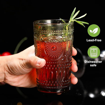 Green Drinking Glasses Set of 12, 16 Oz Highball & 13 Oz Cocktail Glasses, Green Kitchen Vintage Glassware Set, Floral Embossed Glass Tumbler Cups for Water, Beer, Juice, Whiskey, Coffee