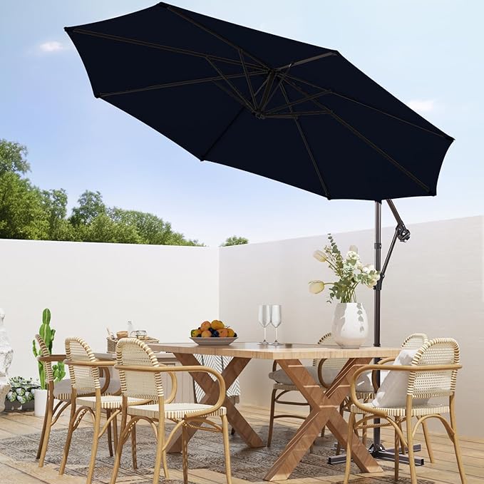 wikiwiki 10ft Patio Umbrellas Offset Outdoor Umbrella Cantilever Hanging Umbrellas w/Infinite Tilt, Fade Resistant Waterproof RECYCLED FABRIC Canopy & Cross Base, for Yard, Garden & Deck, Navy Blue