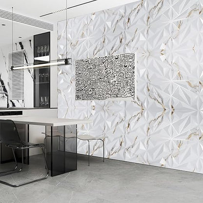 Art3dwallpanels 33 Pack 3D Wall Panel Diamond for Interior Wall Décor, PVC Textured Wall Panels, 12''x12'' Cover 32.Sq.Ft. Gold Veined White