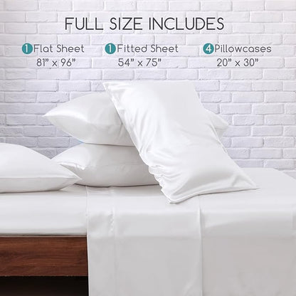 MR&HM Satin Bed Sheets, Full Size Sheets Set, 6 Pcs Silky Bedding Set with 15 Inches Deep Pocket for Mattress (Full, White)