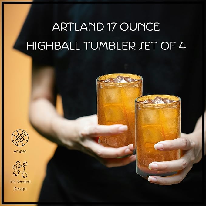Artland 17oz Highball Tumbler, Set of 4 | Iris Seeded Design, Amber | Drinking Glass for Parties and Everyday Use - Mojito, Whiskey, Cocktail | Glassware & Kitchenware Essentials