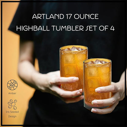 Artland 17oz Highball Tumbler, Set of 4 | Iris Seeded Design, Amber | Drinking Glass for Parties and Everyday Use - Mojito, Whiskey, Cocktail | Glassware & Kitchenware Essentials