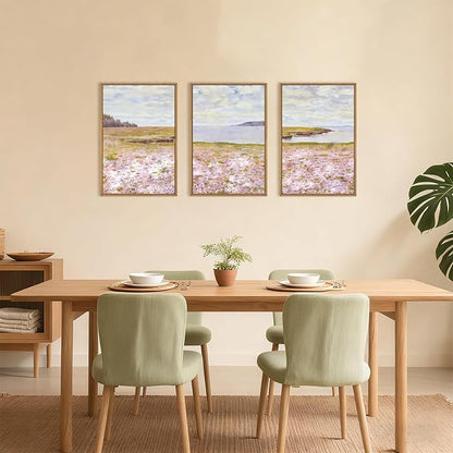 HOURIA Pink Wildflower Coastal Landscape Framed Canvas Wall Art Set,Green Meadow Field Wall Decor,Watercolor Beach Wall Painting,Modern Seaside Wall Decor for Living Room, Bedroom, Farmhouse-24"x36"x3