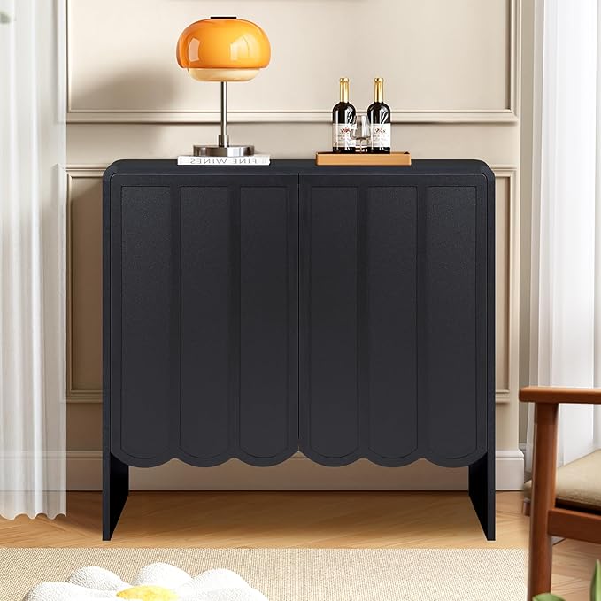 ORRD Sideboard Buffet Cabinet Set of 2, Accent Storage Cabinet with 2 Doors, Farmhouse Wood Cabinet with Adjustable Shelves and Wave Panel for Living Room, Dining Room, Entry - Black