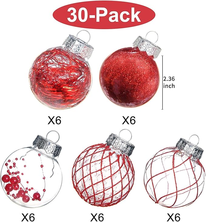 Clear Christmas Ball Ornaments, 30ct 2.36"/6cm Red Shatterproof Christmas Decorations Clear Plastic Ornaments Hanging Decorative Balls Bauble Set for Xmas Tree for Christmas Party Home Decor