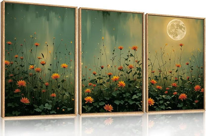 HOURIA Mystical Midnight Wildflower Framed Canvas Wall Art Set,Moonlit Orange Floral Wall Decor,Nature Inspired Landscape Artwork,Watercolor Art Prints for Living Room,Bedroom,Farmhouse-24 x36 x3