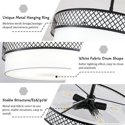 21.5" Drum Black Chandelier for Dining Room 5-Light Modern Farmhouse Chandeliers White Fabric Drum Pendant Light Fixture Large Hanging Lighting for Living Room Bedroom Kitchen Foyer Over Table, E26