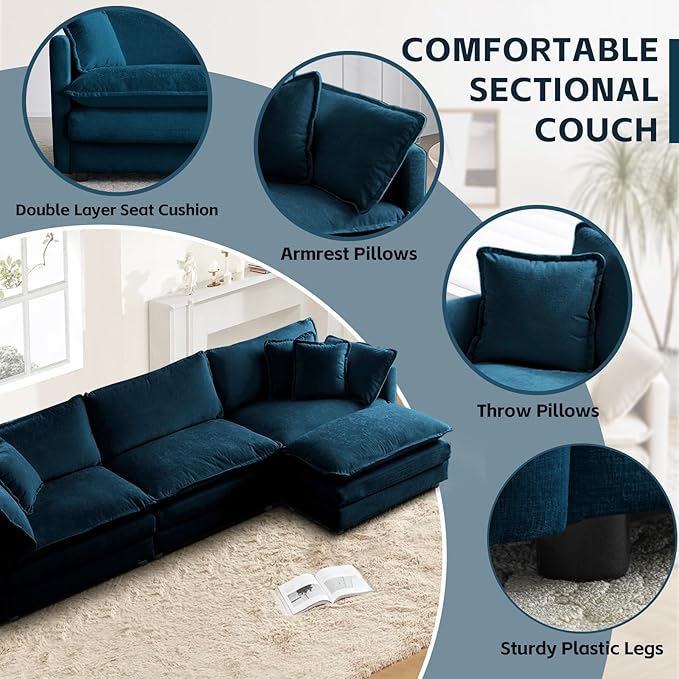 SoarFlash Chenille Sectional Sofa, Comfy L Shaped Modular Coush Sofa with Ottoman, Modern 3 Seat Couch Deep Seat Sofa Set for Living Room,Deep Blue