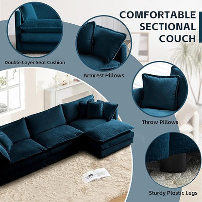 SoarFlash Chenille Sectional Sofa, Comfy L Shaped Modular Coush Sofa with Ottoman, Modern 3 Seat Couch Deep Seat Sofa Set for Living Room,Deep Blue