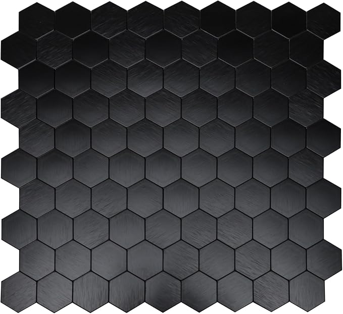 12-Sheet Peel and Stick Backsplash Tile, Hexagon Black Brushed Aluminum Texture Panel Self-Adhesive Mosaic Tiles for Kitchen Bathroom Fireplace