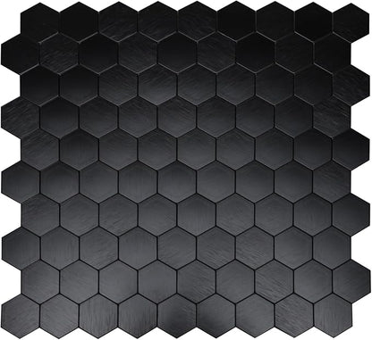 12-Sheet Peel and Stick Backsplash Tile, Hexagon Black Brushed Aluminum Texture Panel Self-Adhesive Mosaic Tiles for Kitchen Bathroom Fireplace