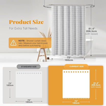 BTTN 80 Inch Long Shower Curtain - 72x80 Boho Farmhouse Linen Vintage Fabric Shower Curtain Set with 12 Plastic Hooks, Aesthetic Rustic Country Weighted Cloth Shower Curtains for Bathroom - Grey/Gray