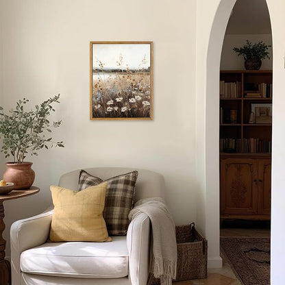 KBKBART Vintage Wall Art Framed, Retro Countryside Autumn Wildflower Field Landscape Canvas Painting Farmhouse Decor Wall Art, Rustic Fall Landscape Bathroom Wall Decor for Bedroom Living Room,