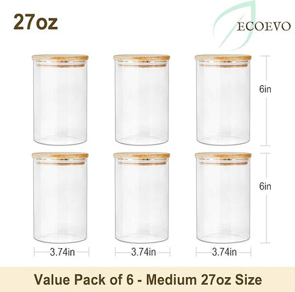 Glass Jars with Bamboo Lids (27oz in 6 Pack), Glass Food Jars and Canisters Sets, Food Storage Container with Airtight Lids, Food Pantry Jars,