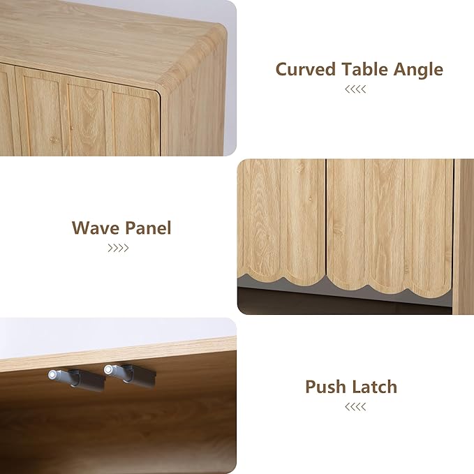 ORRD Sideboard Buffet Cabinet, Accent Storage Cabinets with 4 Doors, Farmhouse Wood Cabinet with Adjustable Shelves and Wave Panel for Living Room, Dining Room, Entry - Natural