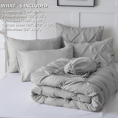 CozyLux California King Comforter Set Light Grey - 7 Pieces Cal King Pintuck Bed in A Bag Gift for Family, Pinch Pleat Bedding Sets with All Season Comforter, Sheets, Pillowcases & Shams