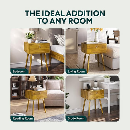Bme Alden Wood Nightstand, Solid Wood End Table, Mid Century Modern Nightstand, Side Table with 1 Drawer, Compact for Bedroom, Living Room & Study Room, Easy Assembly, Honeyed Wood