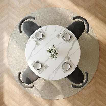 POVISON Round Dining Table for 4, 51" Glossy White Sintered Stone Top Dining Table with Grey Carbon Steel Pedestal, Modern Dining Room Table for Kitchen, Living Room (Table Only)