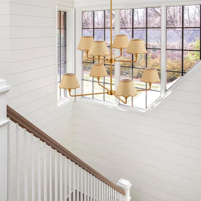 2-Layers Boho Rattan Chandelier 8-Lights Rustic Industrial Pendant Light Large Adjustable Pendant Lighting Fixtures for Kitchen Island Dining Living Room, Dia 41”, UL Listed