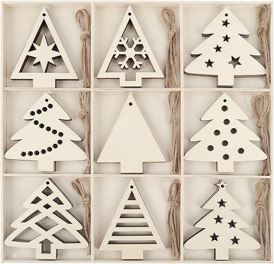 MACTING 27PCS Wooden Christmas Ornaments Unfinished Predrilled Natural Wood Slices DIY Blank Hanging Ornaments Kit for Crafts Centerpieces Christmas Tree Decorations, 9 Styles