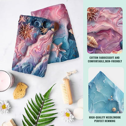 Marble Texture Kitchen Towels Set of 2 Starfish Shells Pearls Dish Towels Gifts for Women 16x24 Tabletop Decor Marble