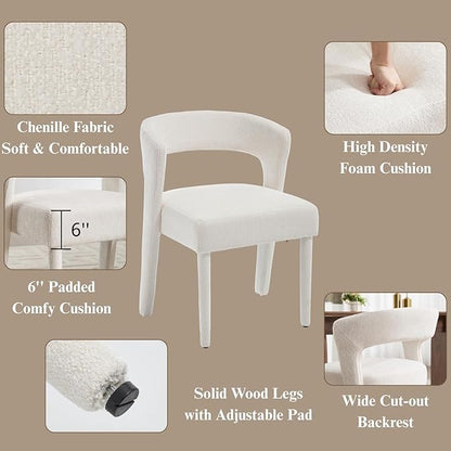 DUOMAY Modern Dining Chairs Set of 6, Chenille Fabric Upholstered Kitchen Chair with Curved Open Back Accent Side Chairs Dining Room Chairs with Wood Legs, White