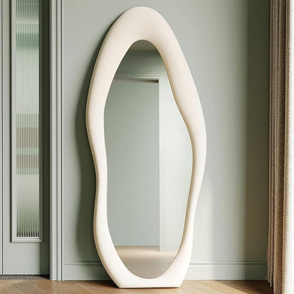 Honyee Full Length Mirror, 63" x 24" Wall Mirror, Flannel Wrapped Wooden Frame Full Body Mirror, Irregular Wavy Mirror Hanging or Leaning Against Wall for Cloakroom/Bedroom/Living Room, Ivory White