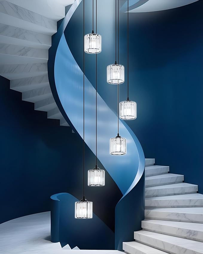 Long Chandeliers for High Ceilings,Modern Crystal Pendant Light,Raindrop Drop Lamp,Hanging Lighting Fixtures for Spiral Staircase,Foyer,Entryway,Living Room,Black (9 Lights)