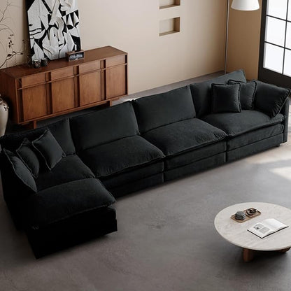 SoarFlash Chenille Sectional Sofa, Comfy L Shaped Modular Coush Sofa with Ottoman, Modern 4 Seat Couch Deep Seat Sofa Set for Living Room,Black