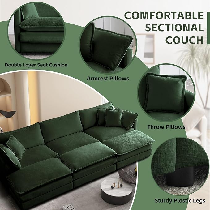 SoarFlash Chenille Sectional Sofa, Comfy Modular Coush Sofa with Ottoman, Modern 3 Seat Recliner Deep Seat Sofa Set for Living Room,Green
