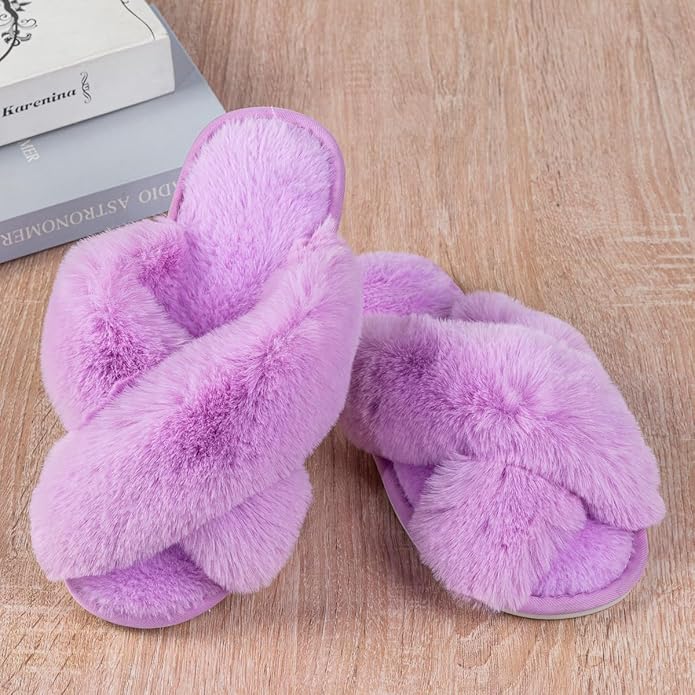 Women's Slipper Memory Foam Cross Band Fuzzy Slippers Open Toe Cozy House Slippers Cozy Plush Bedroom Indoor Outdoor