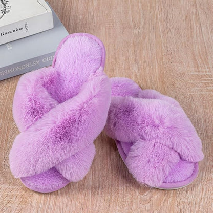 Women's Slipper Memory Foam Cross Band Fuzzy Slippers Open Toe Cozy House Slippers Cozy Plush Bedroom Indoor Outdoor